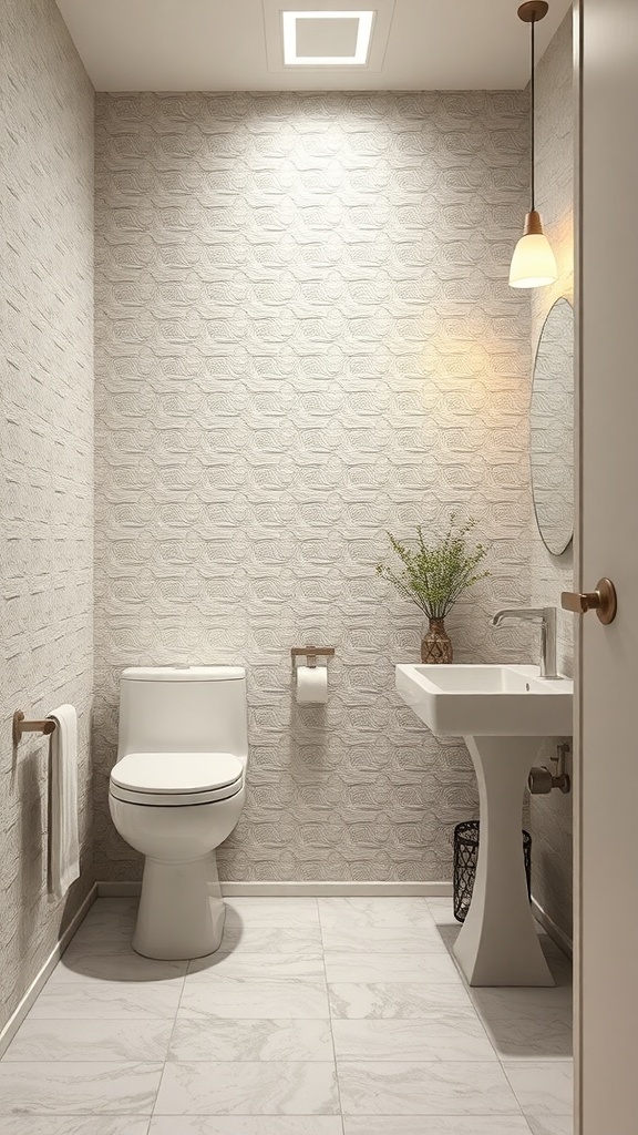 Small bathroom with textured tiles on the wall, modern sink, and stylish lighting.
