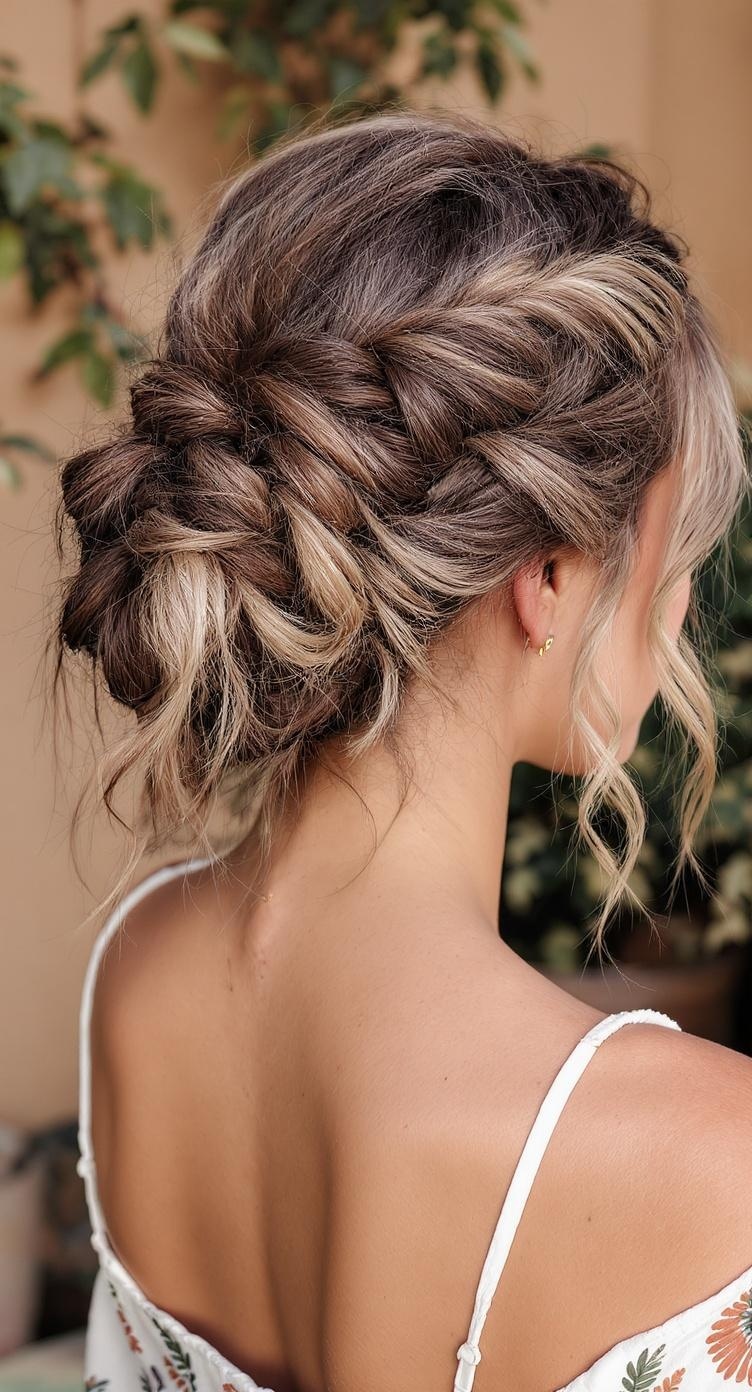 A woman with a textured updo hairstyle featuring a braided bun and loose strands, showcasing a bohemian look.