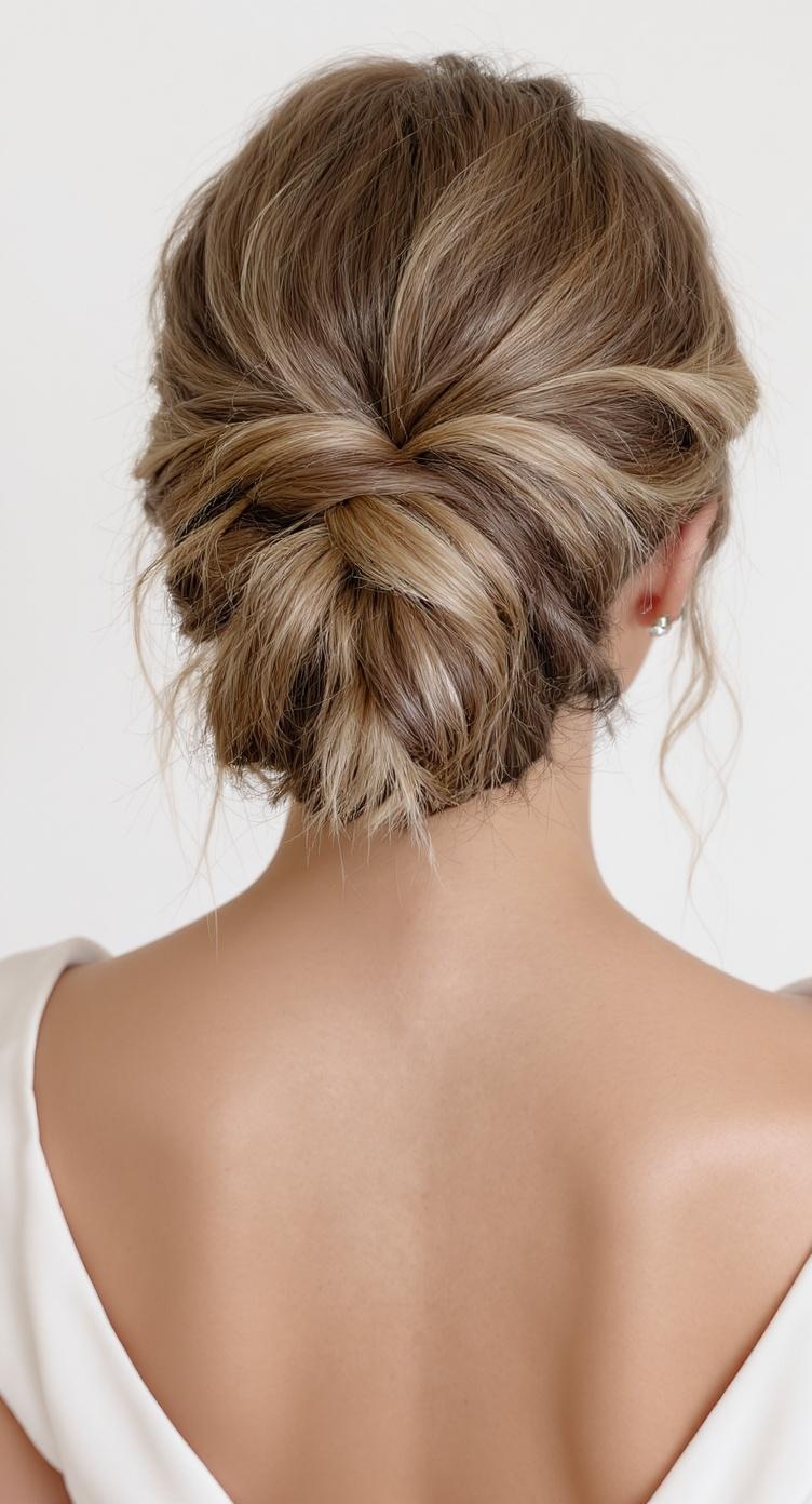 Textured updo hairstyle with loose waves for bridesmaids