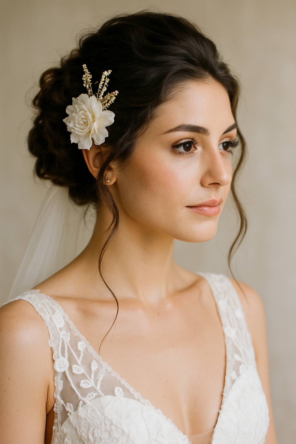 A bride with a textured updo hairstyle adorned with a flower hairpiece, wearing a lace wedding dress.