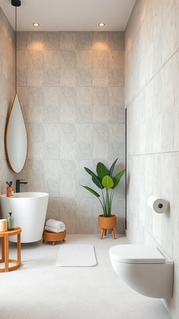 A modern bathroom featuring textured wall finishes, a freestanding bathtub, and a potted plant.