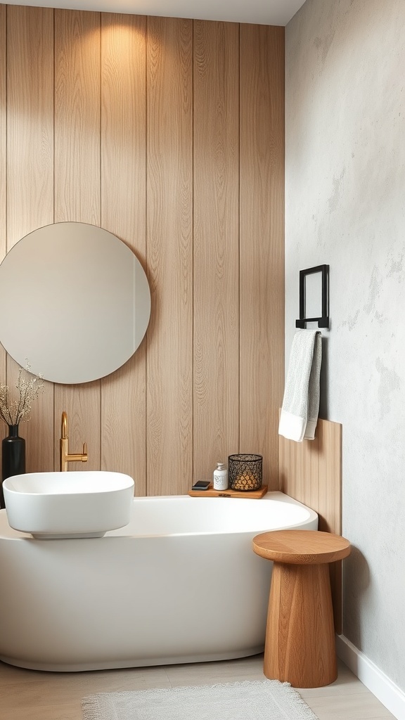 A Japandi bathroom featuring textured wall finishes with wooden panels and a smooth plaster wall.