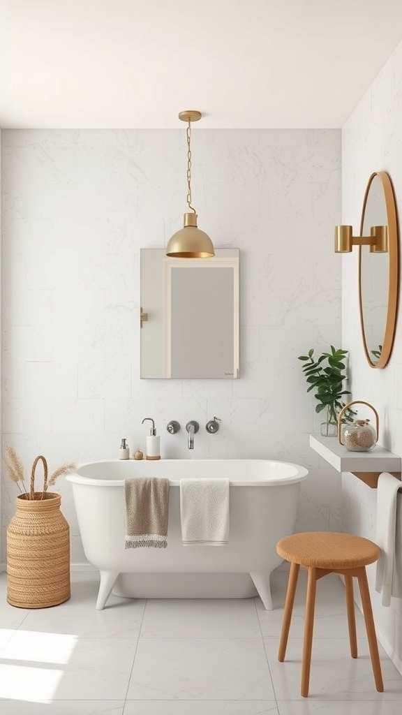 A modern bathroom featuring a textured wall finish, a freestanding bathtub, and stylish decor.