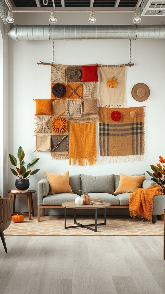 A cozy office space featuring textured wall hangings in warm autumn colors.
