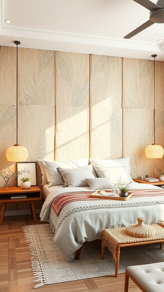 A cozy bedroom with textured wall panels resembling natural wood, featuring soft linens and pendant lights.