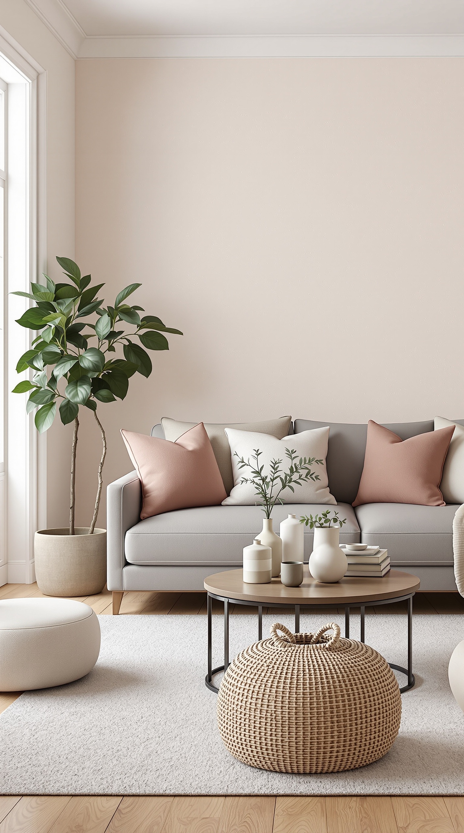 A cozy family room featuring soft beige walls, a light gray sofa with pastel cushions, a wooden coffee table, and a woven basket.