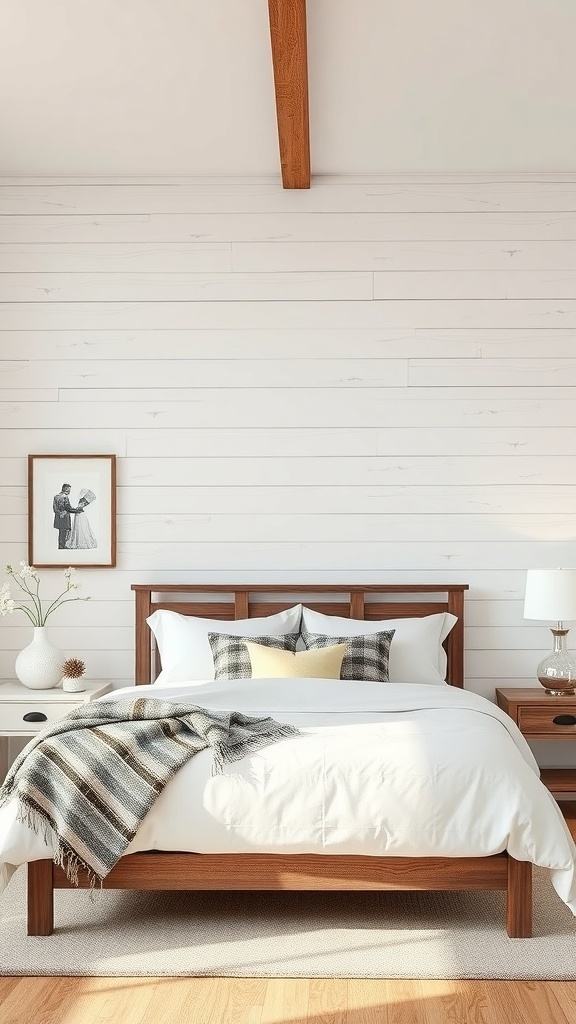 A romantic farmhouse bedroom featuring a white shiplap wall, wooden beams, and cozy bedding.