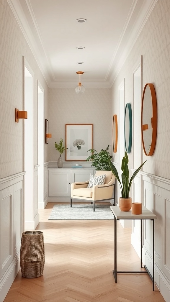 A small hallway featuring textured walls, decorative lighting, and plants, creating a warm and inviting atmosphere.