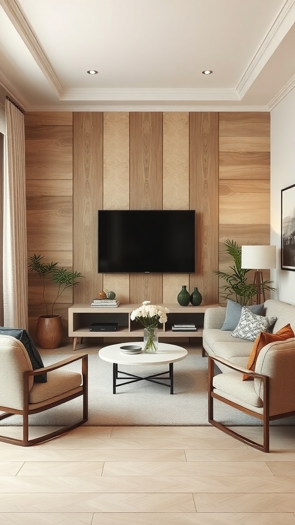 A cozy small lounge room featuring a textured wooden wall, comfortable seating, and a modern coffee table.