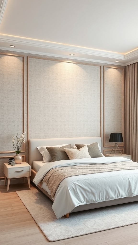 Modern farmhouse bedroom with textured wall treatments and cozy decor