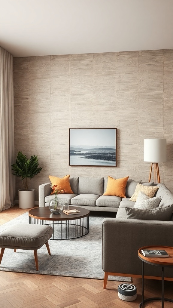 A cozy living room featuring textured walls, a gray sofa with orange cushions, and a round coffee table.