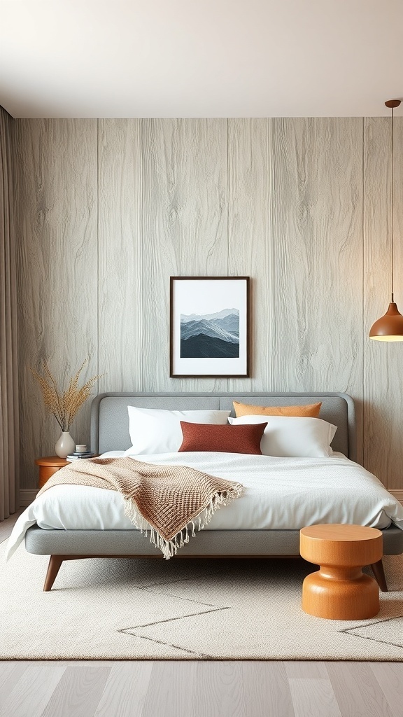 A cozy bedroom featuring a textured wood wall, a modern bed with decorative pillows, and warm lighting.