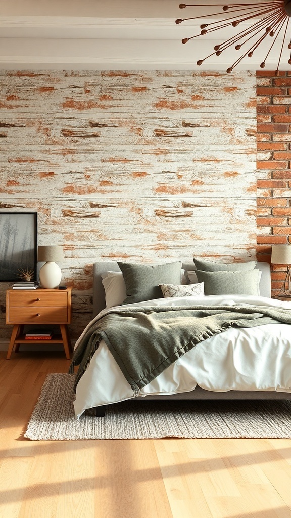 A rustic bedroom featuring a textured wall with wood and brick elements, complemented by a cozy bed and warm decor.