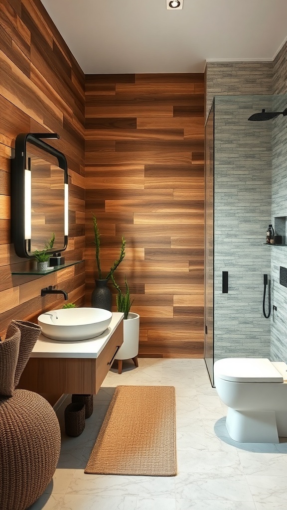 A rustic bathroom featuring textured wooden walls, a sleek gray tiled wall, a modern sink, and decorative plants.