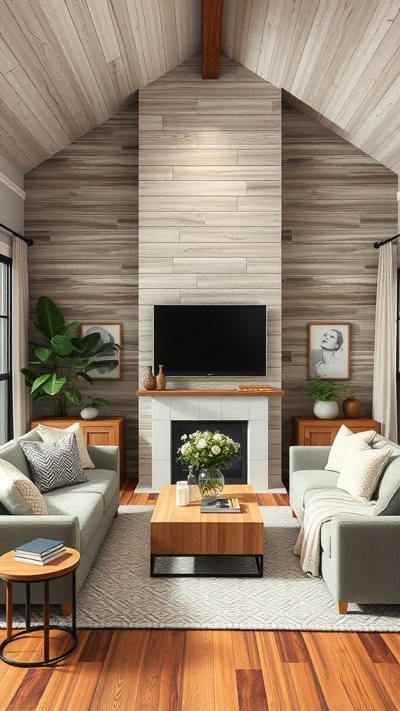 A rustic living room with textured wood paneling, a fireplace, and cozy furniture.