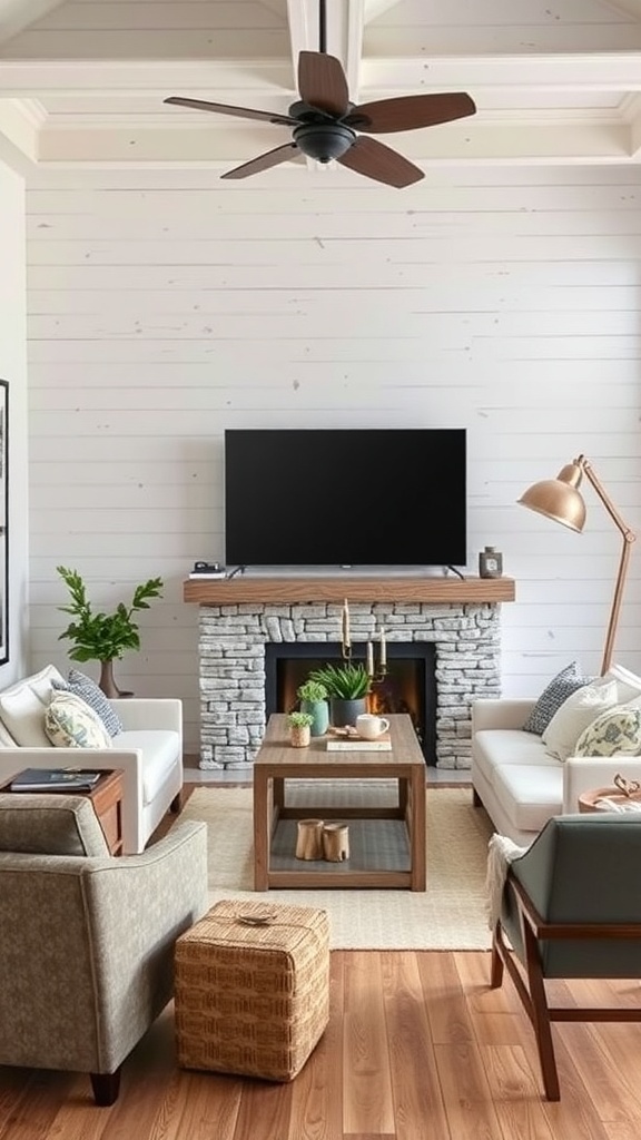 Cozy living room with shiplap wall and rustic decor