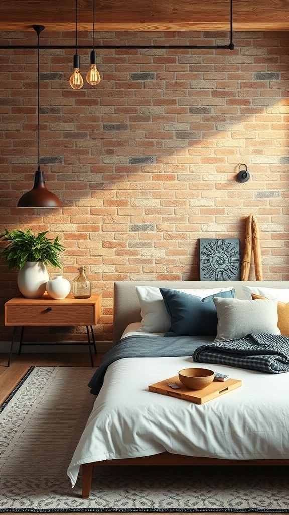 A rustic farmhouse bedroom featuring a textured brick wall, wooden furniture, and cozy bedding.
