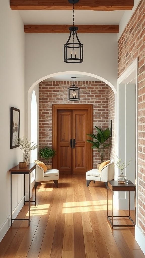 Rustic entryway with textured brick walls, wooden beams, and modern furniture.