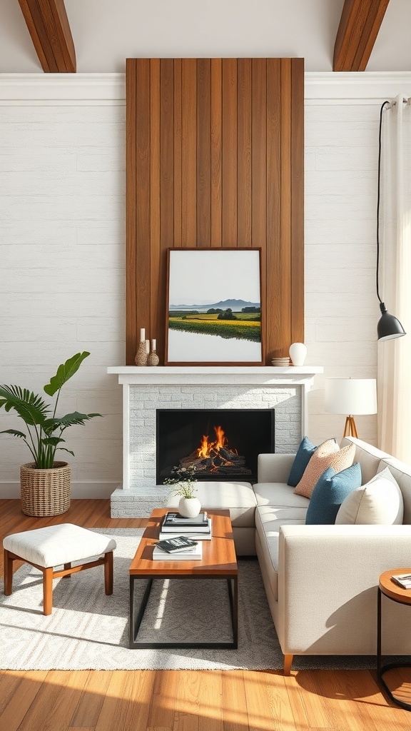 A cozy living room featuring a wooden textured wall behind a fireplace, with a white brick surround and a comfortable sofa.