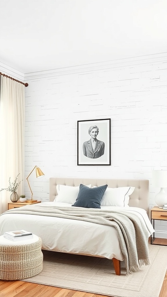 A cozy neutral bedroom featuring a textured white wall, a plush bed, and soft furnishings.