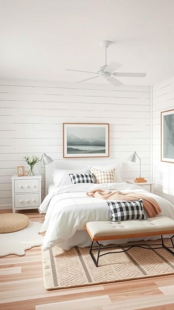 A cozy white bedroom with textured shiplap walls, a comfortable bed, and stylish decor.