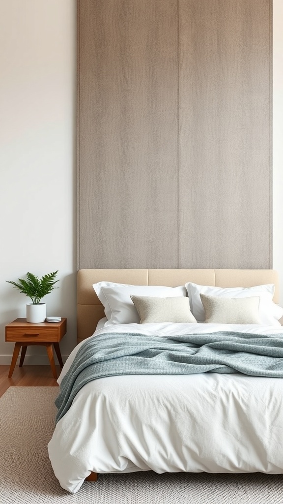 A cozy bedroom with a textured wall treatment behind the bed, featuring neutral tones and a plant.