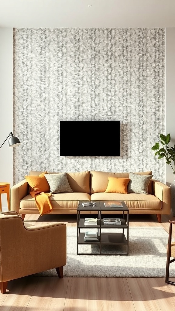 A light brown couch in a living room with a textured wall and modern decor.