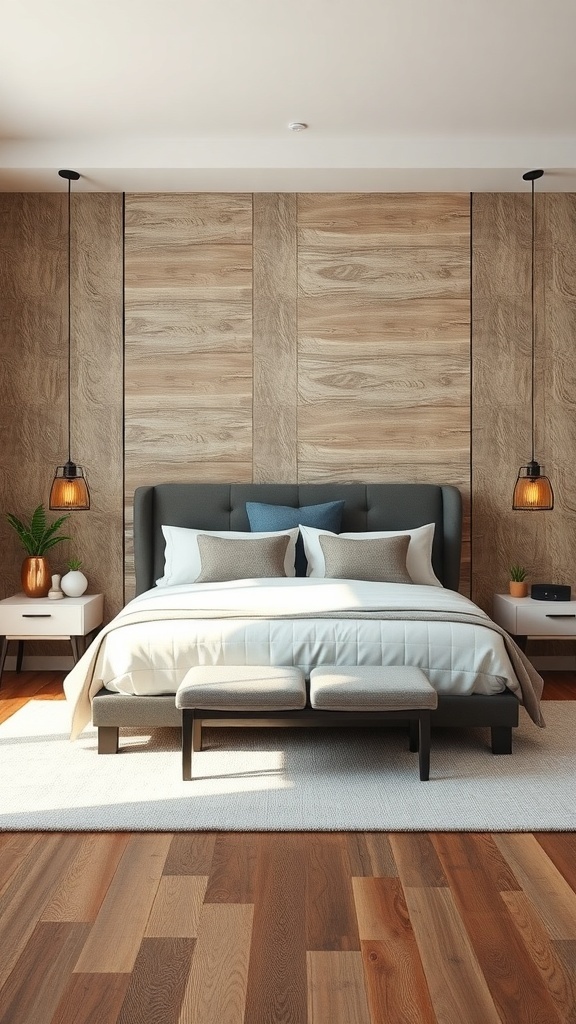 A king bedroom featuring textured wood wall panels, stylish bedding, and pendant lighting.