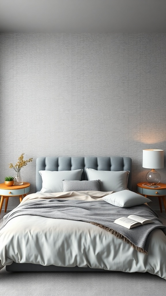 A cozy grey bedroom featuring textured wallpaper, a tufted headboard, and soft bedding.