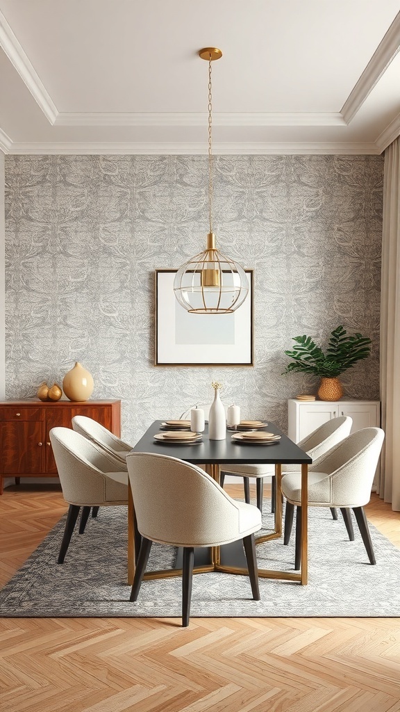 A dining room featuring textured wallpaper, a black dining table, and modern chairs.