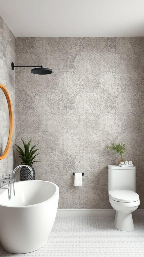 A modern bathroom featuring textured wallpaper, a white bathtub, and a round mirror.