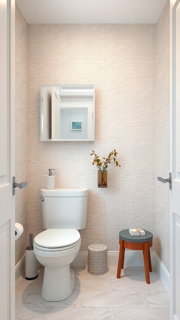 Small bathroom with textured wallpaper, white toilet, and wooden stool