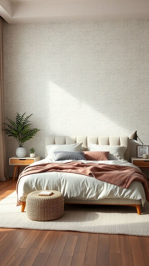 A neutral bedroom featuring textured wallpaper, a cozy bed, and a plant.
