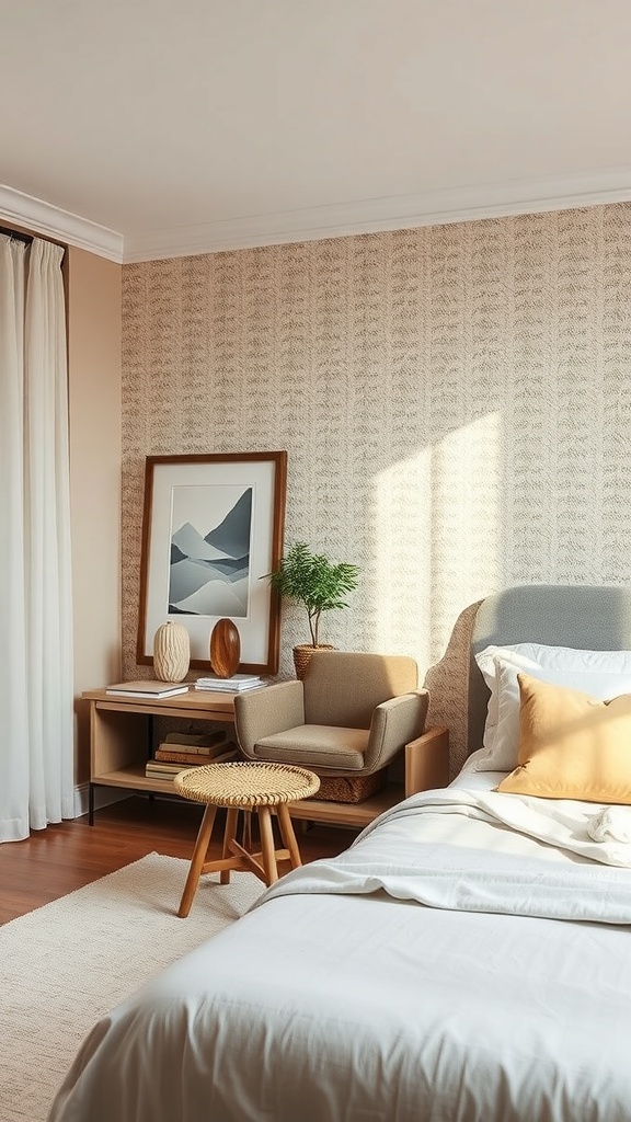 A cozy bedroom featuring textured wallpaper, a comfortable chair, and natural light.