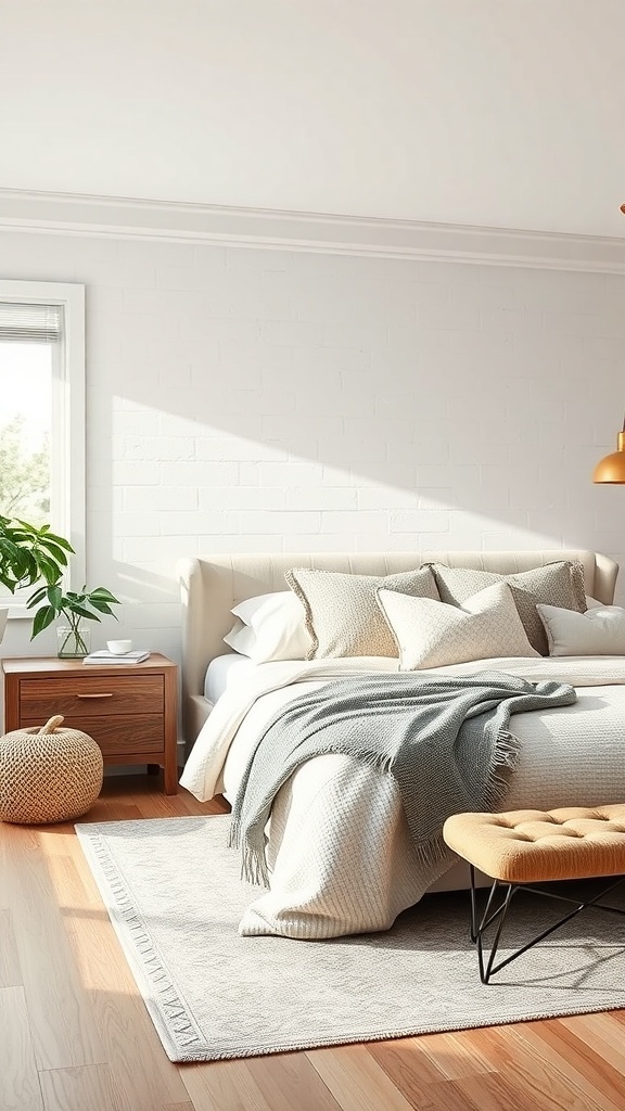 A modern bedroom featuring textured walls, cozy bedding, and stylish furniture.