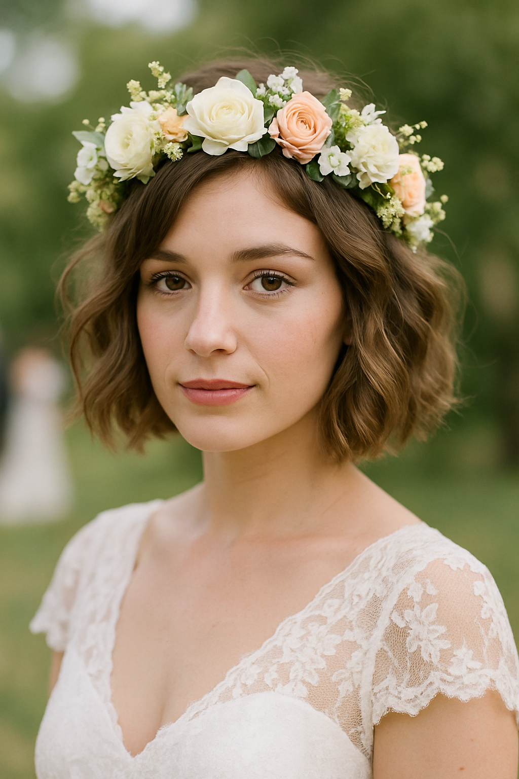 Bride with short bob hairstyle featuring textured waves and a floral crown