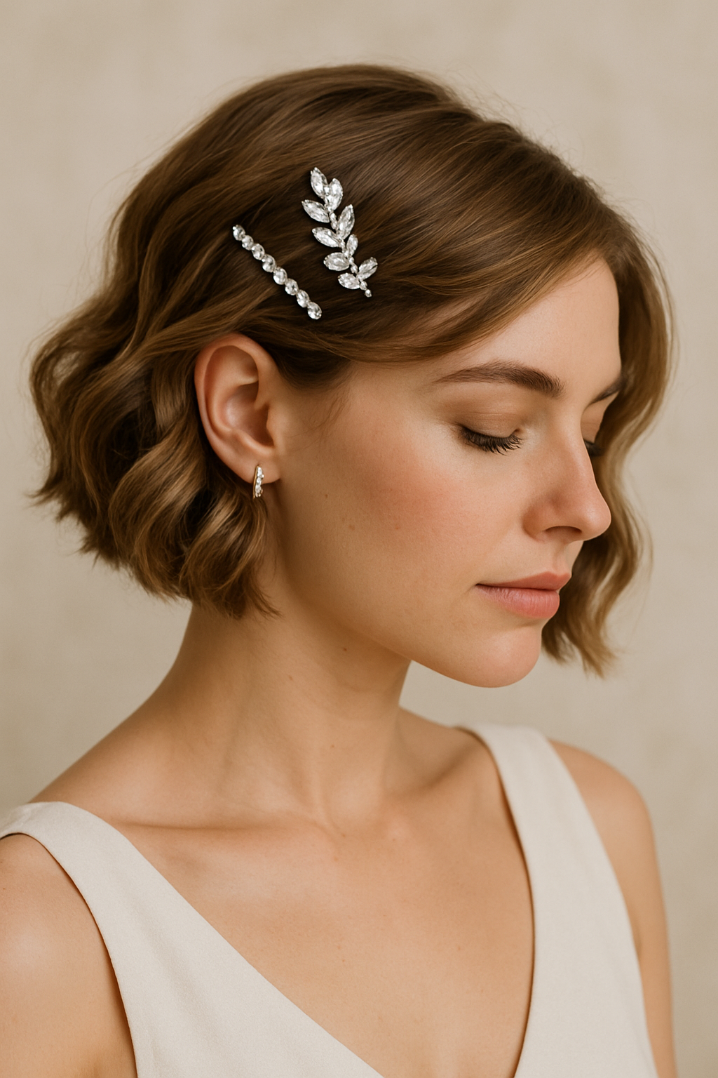 A woman with short, textured waves styled elegantly with sparkling hair accessories.