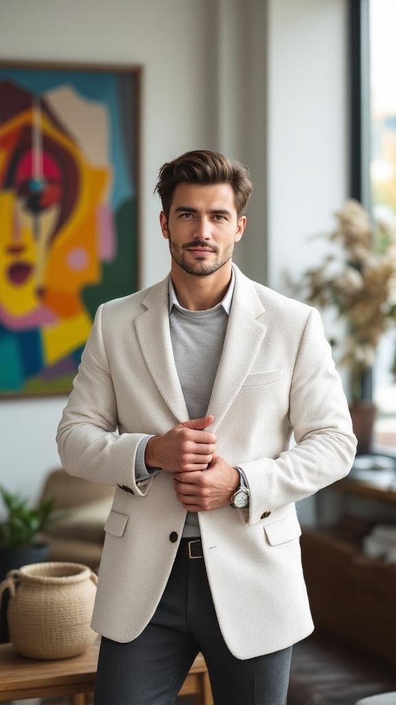 A man wearing a textured white blazer with a gray top, standing confidently in a stylish indoor setting.