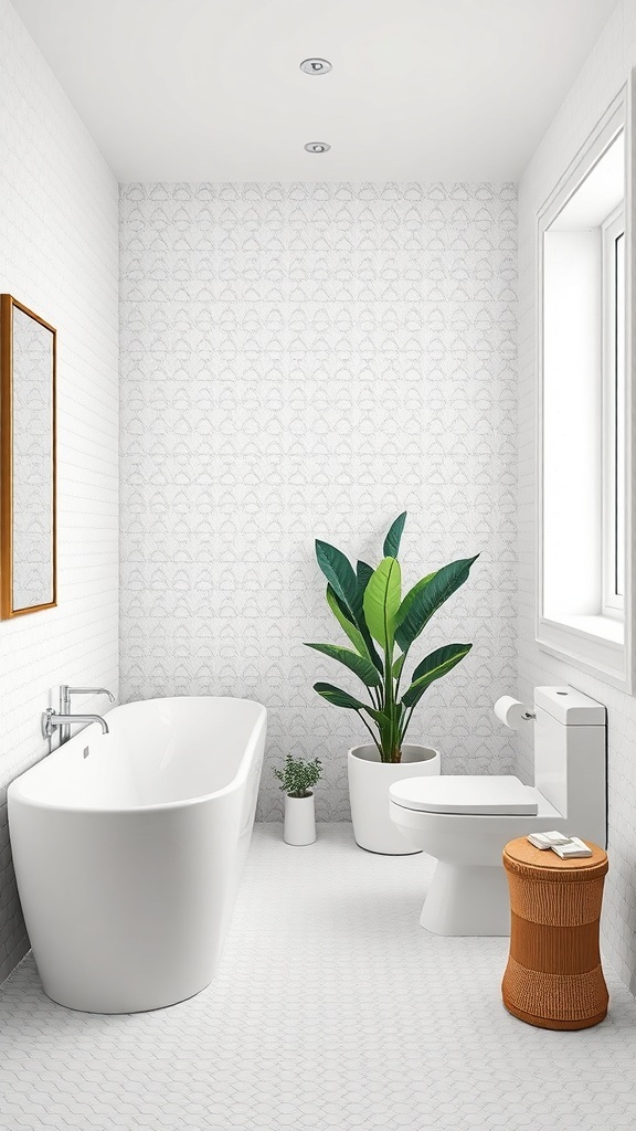 A modern bathroom with textured white walls, a freestanding bathtub, a potted plant, and a minimalist design.