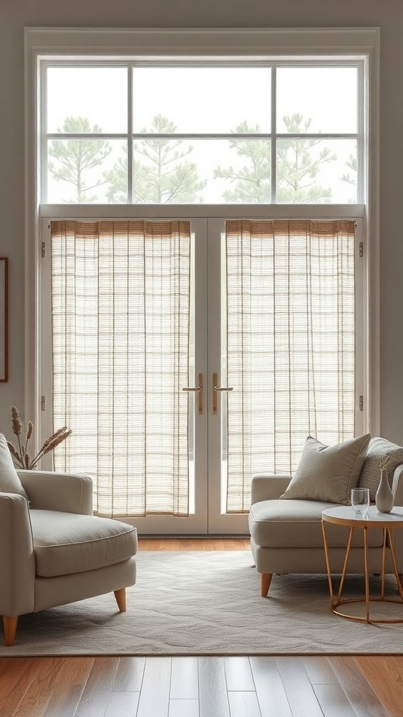 A cozy living room featuring sliding glass doors covered with light woven shades, complemented by soft furniture and wooden flooring.