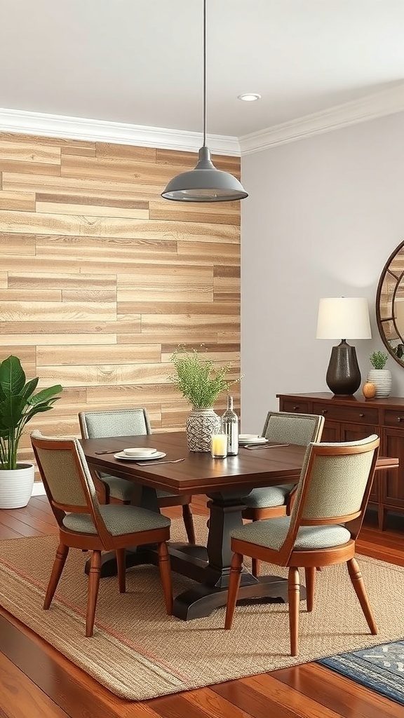 A dining room featuring textured wood paneling on one wall, a round wooden table, and modern chairs.
