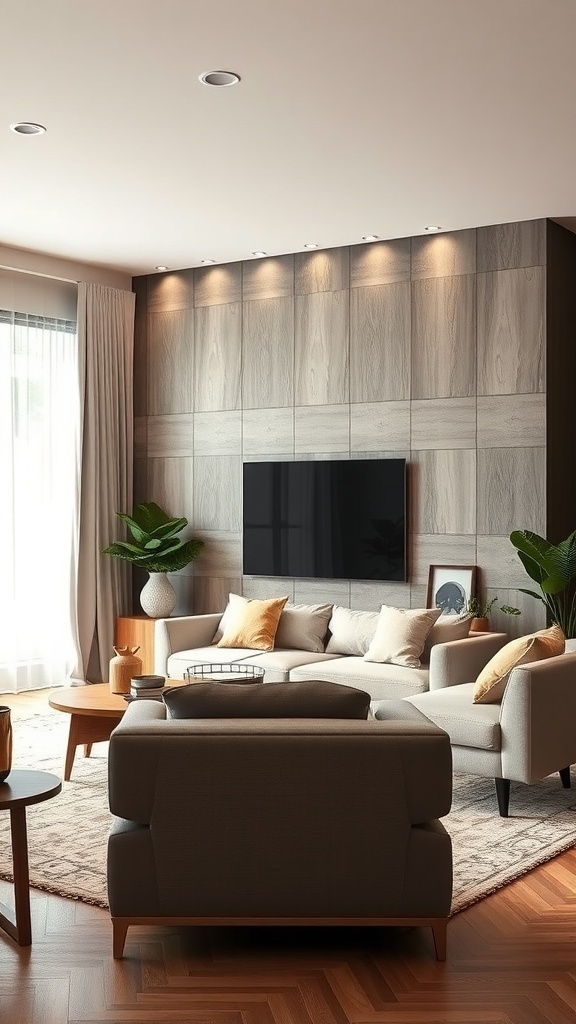 A modern living room featuring textured wood panels on the wall, a comfortable sofa, and stylish decor.