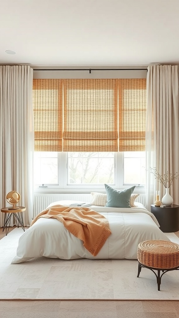 A neutral bedroom featuring woven shades and soft curtains, creating a cozy atmosphere.