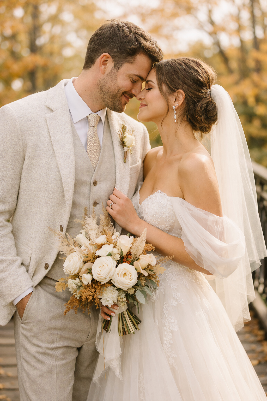 A couple smiling close together, surrounded by autumn foliage, featuring the bride's textured wedding dress and groom's elegant suit.