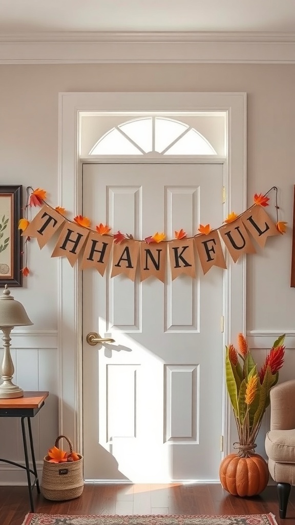 A door decorated with a thankful banner and autumn leaves
