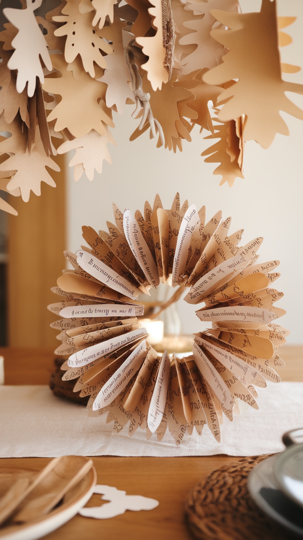 A DIY thankful wreath centerpiece made of paper leaves with handwritten messages