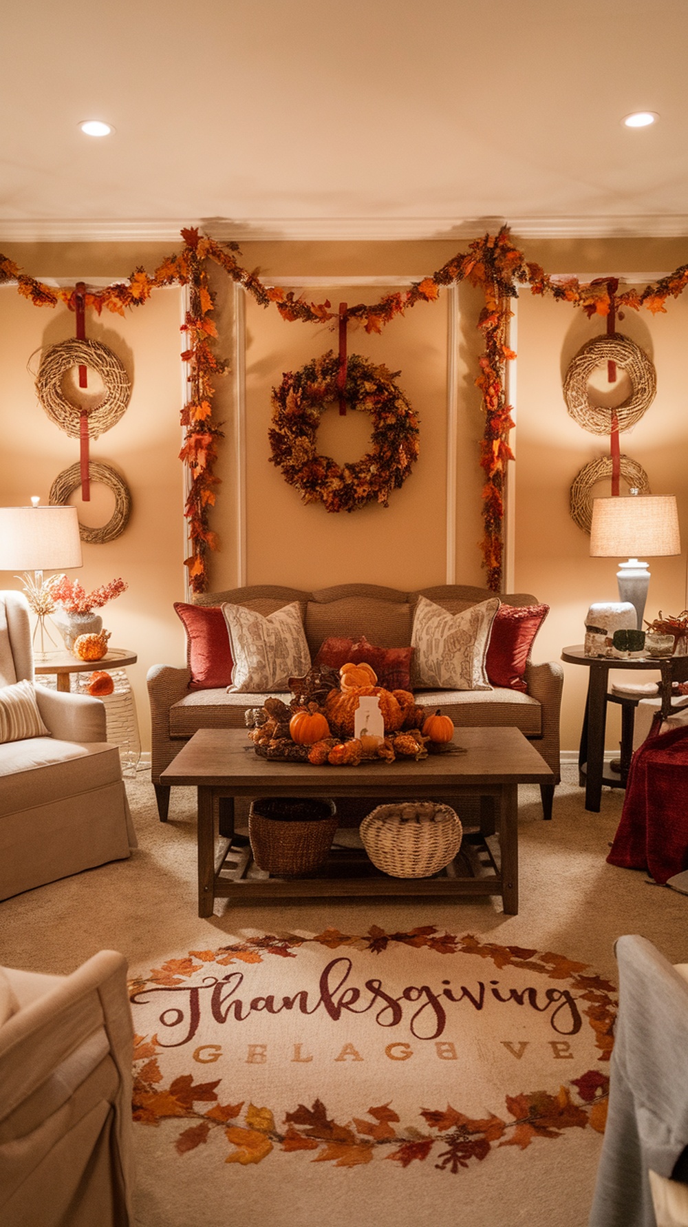 Cozy living room decorated for Thanksgiving with autumn colors and themed decor.