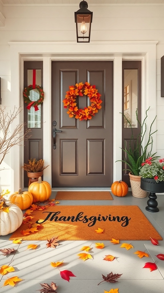 A Thanksgiving-themed door mat with pumpkins and autumn leaves at a cozy entryway.