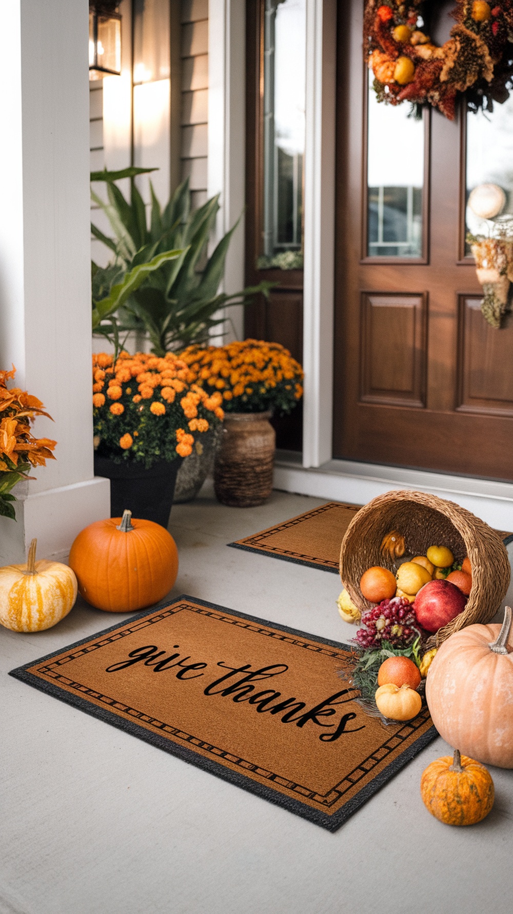 A welcoming porch with a Thanksgiving-themed door mat that says 'give thanks', surrounded by pumpkins and flowers.