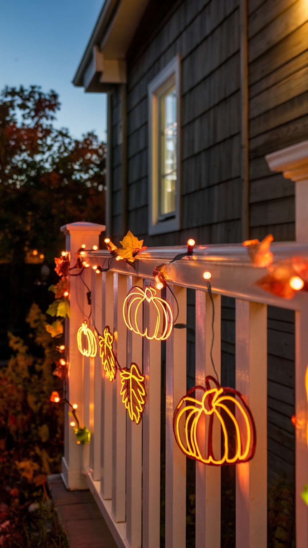 Thanksgiving-themed string lights featuring pumpkins and leaves on a porch railing